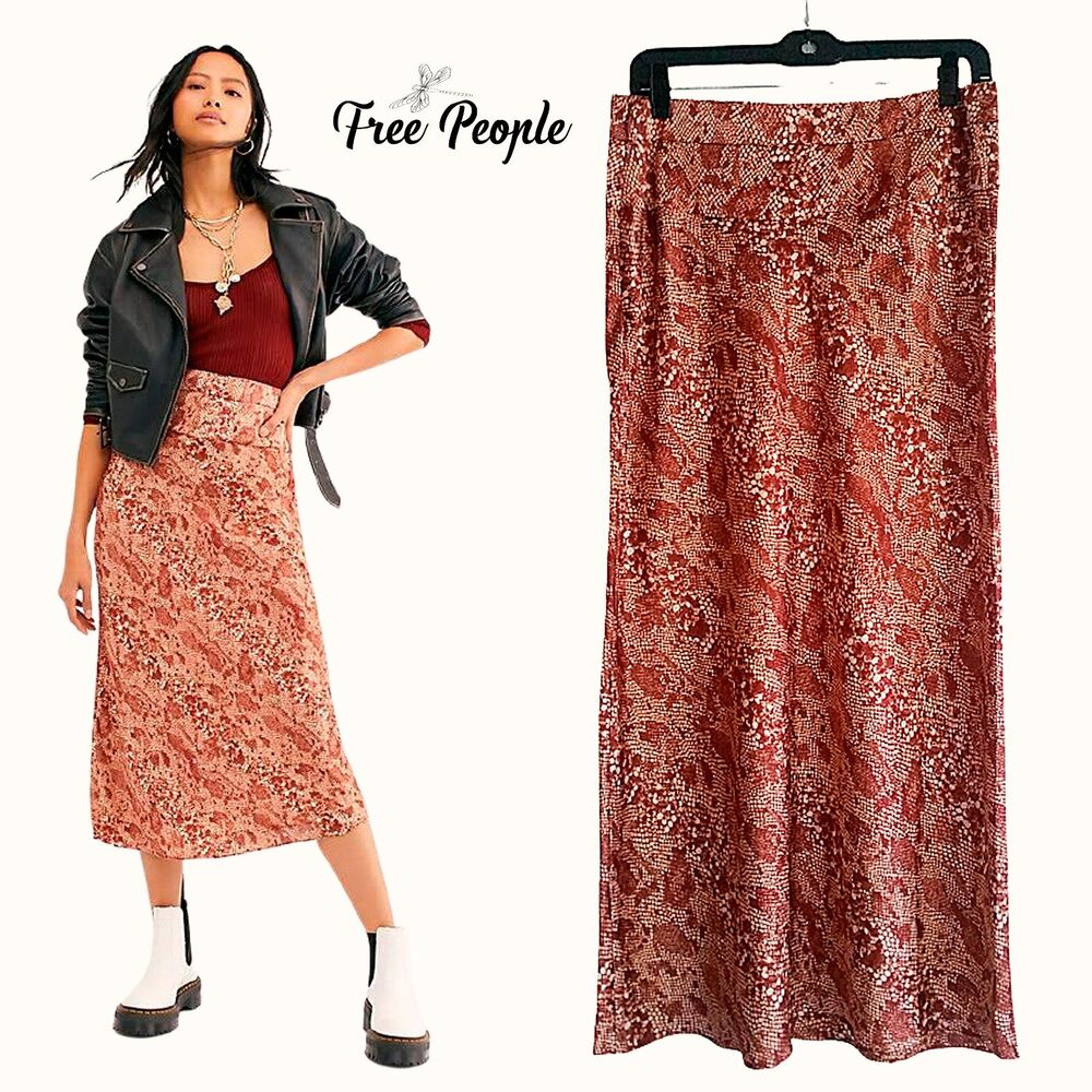 Free People Snake Print Satin Maxi Skirt 12 Rust Boho Chic NWT